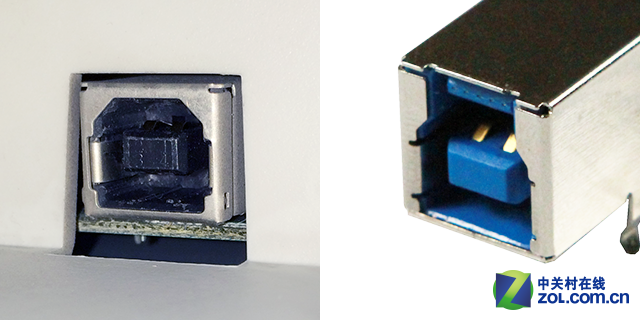 同样是Type-B接口，USB3.0（右）比USB2.0（左）增加了接口高度